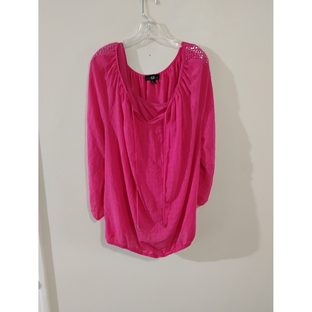 AGB Woman Hot Pink Peasant Blouse Crochet Shoulder Tie Neck Plus Size 1X